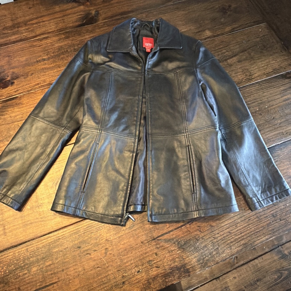 ESPRIT Women's M Genuine Leather Black Jacket Zip Front Y2K Vintage Style
